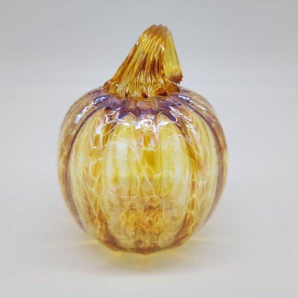 Hand Blown Glass Pumpkin Decor Iridescent Yellow & Orange Autumn Accent - Picture 3 of 7